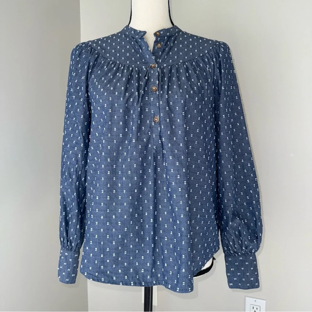 Old Navy Blue Cotton cottagecore blouse‎ size Small puff sleeves Coastal Grandma